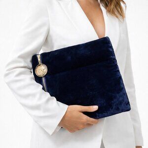 Vintage Crushed Velvet Navy Foldover Clutch French Bronze Coin Medallion Gold